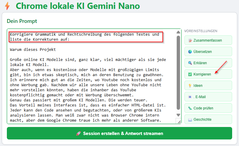 Benutzeroberfläche des Chrome lokale KI Interfaces mit Preset-Buttons und Eingabefeld