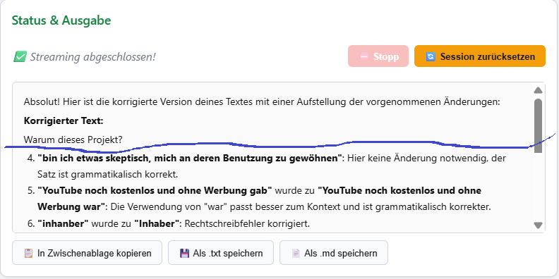 Markdown-Ausgabe beim Streamen von Gemini Nano im Chrome lokale KI Interface